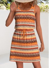 Orange dresses,Tribal dresses,Vacation dresses,Vacation dresses,ROTITA Drawstring Tribal Print Orange Short Scoop Neck Sleeveless Dress
