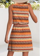 Orange dresses,Tribal dresses,Vacation dresses,Vacation dresses,ROTITA Drawstring Tribal Print Orange Short Scoop Neck Sleeveless Dress