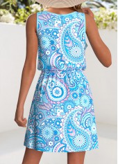 Light Blue dresses,Paisley dresses,Vacation dresses,Vacation dresses,ROTITA Drawstring Paisley Print Light Blue Short Scoop Neck Dress