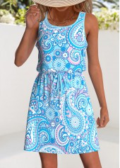 Light Blue dresses,Paisley dresses,Vacation dresses,Vacation dresses,ROTITA Drawstring Paisley Print Light Blue Short Scoop Neck Dress