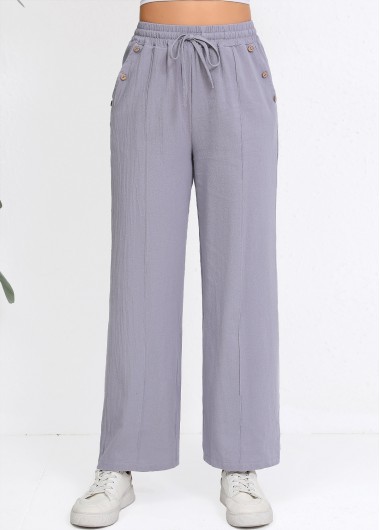 Grey bottoms,Plain Color bottoms,Drawstring Grey Straight Leg Elastic Waist High Waisted Pants