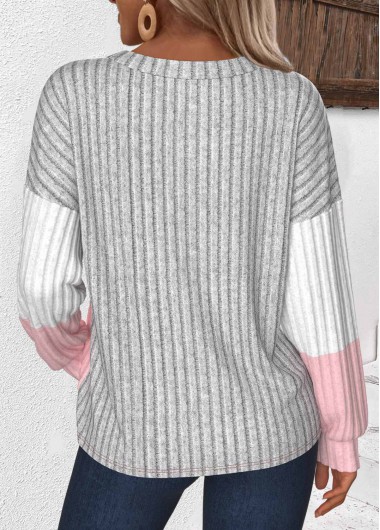 Light Grey plus size,Contrast Color plus size,ROTITA Plus Size Patchwork Light Grey Round Neck Sweatshirt