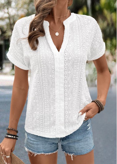 White tops,Plain Color tops,ROTITA Lace White Split Neck Short Sleeve Blouse