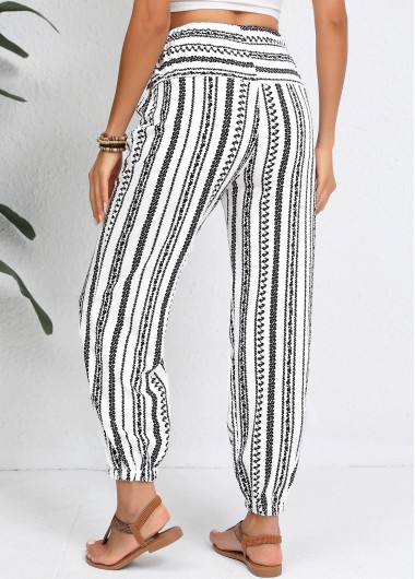 White bottoms,Geometric bottoms,Drawstring Geometric Print White Jogger Elastic Waist Pants