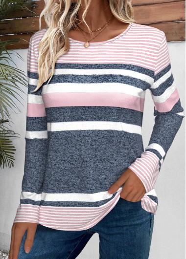 Pink tops,Striped tops,Geometric tops,ROTITA Striped Pink Round Neck Long Sleeve T Shirt