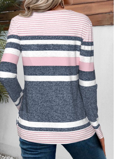 Pink tops,Striped tops,Geometric tops,ROTITA Striped Pink Round Neck Long Sleeve T Shirt