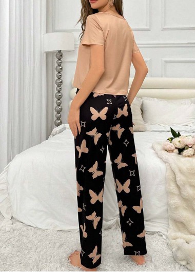 Light Camel loungewear,Contrast Color loungewear,Heart loungewear,Light Camel Round Neck Lounge Top and Pants
