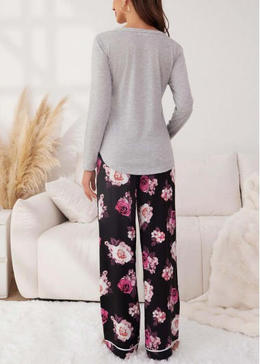 Light Grey loungewear,Plants loungewear,Rose Print Light Grey Lounge Top and Pants