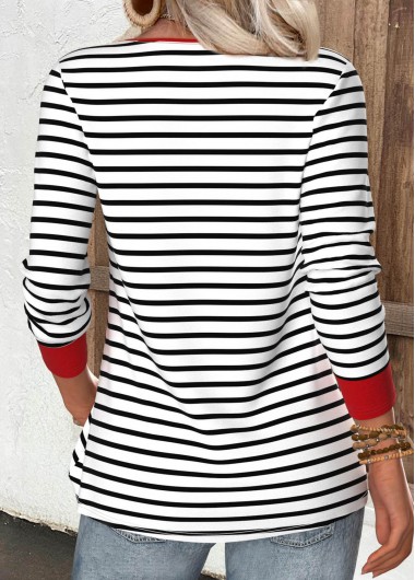 Red tops,Striped tops,Geometric tops,ROTITA Zipper Striped Red V Neck Long Sleeve T Shirt