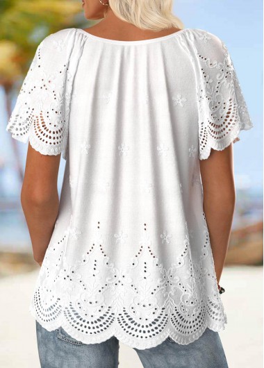 White tops,Plain Color tops,ROTITA Embroidery White Turn Down Collar Short Sleeve Blouse