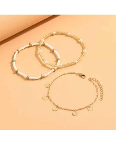 Golden jewelry,Geometric jewelry,Golden Beaded Design Alloy Anklet Set