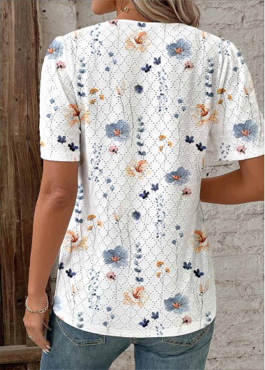 White tops,Floral tops,Plants tops,ROTITA Embroidery Floral Print White V Neck Short Sleeve Blouse