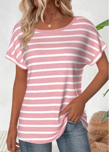 Light Blue tops,Striped tops,Geometric tops,ROTITA Striped Light Pink Boat Neck Short Sleeve T Shirt