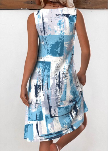 Light Blue dresses,Geometric dresses,Everyday dresses,Casual dresses,ROTITA Patchwork Geometric Print Light Blue A Line Strappy Dress