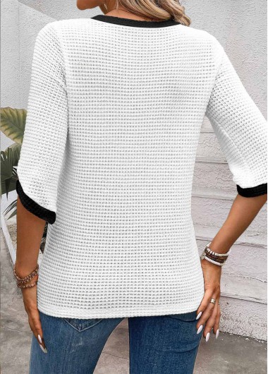White tops,Plain Color tops,ROTITA Jacquard White Round Neck Half Sleeve T Shirt