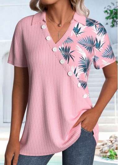 Pink tops,Plants tops,ROTITA Asymmetry Leaf Print Pink Short Sleeve Shirt