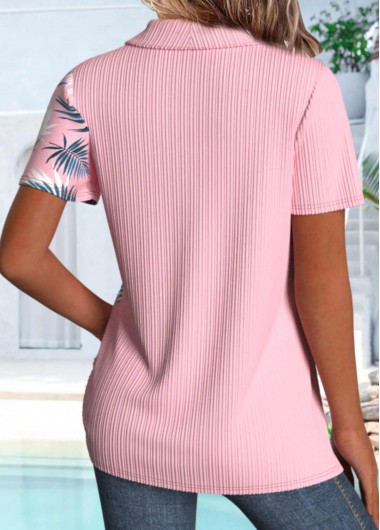 Pink tops,Plants tops,ROTITA Asymmetry Leaf Print Pink Short Sleeve Shirt
