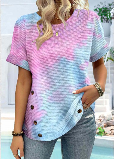 Blue tops,Ombre tops,ROTITA Button Ombre Blue Round Neck Short Sleeve T Shirt