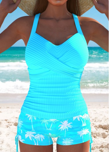 Cyan swimwear,Plants swimwear,ROTITA Criss Cross Cyan Tropical Plants Print Tankini Set
