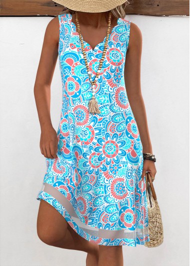 Neon Blue dresses,Floral dresses,Plants dresses,Everyday dresses,Casual dresses,ROTITA Floral Print Neon Blue A Line V Neck Dress