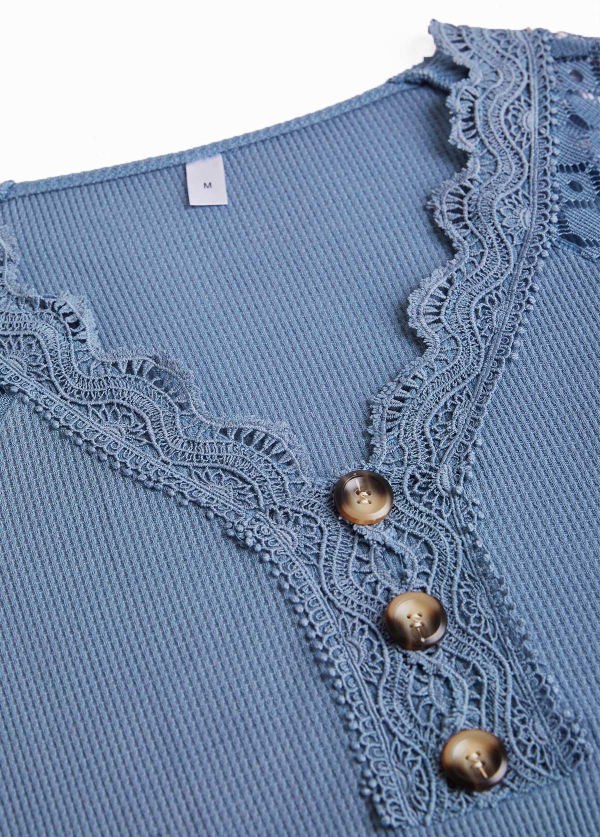 Dusty Blue tops,Plain Color tops,ROTITA Lace Patchwork Dusty Blue V Neck T Shirt