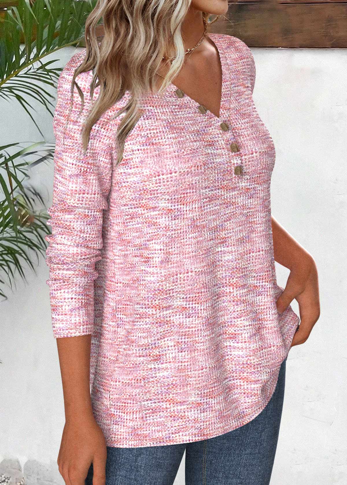 ROTITA Button Light Pink V Neck Long Sleeve T Shirt