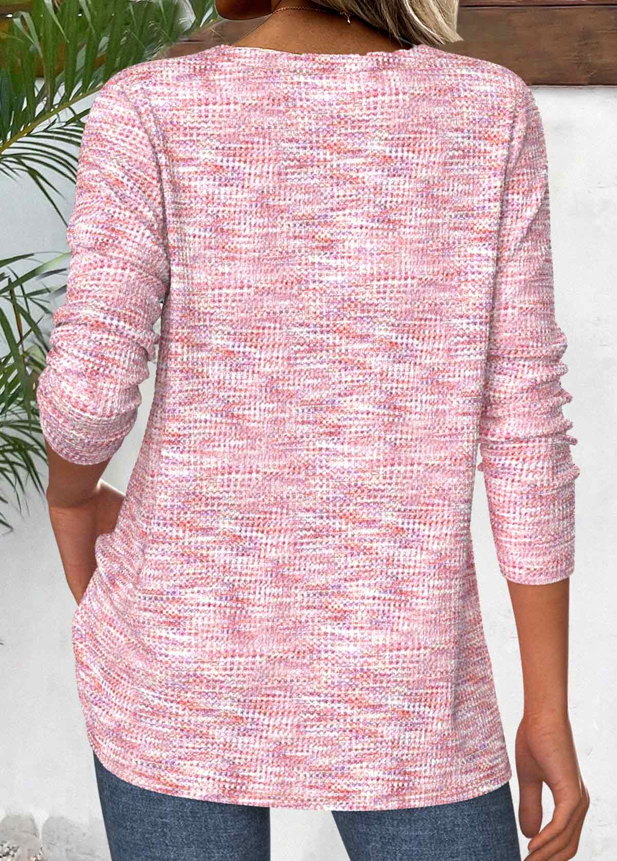 ROTITA Button Light Pink V Neck Long Sleeve T Shirt