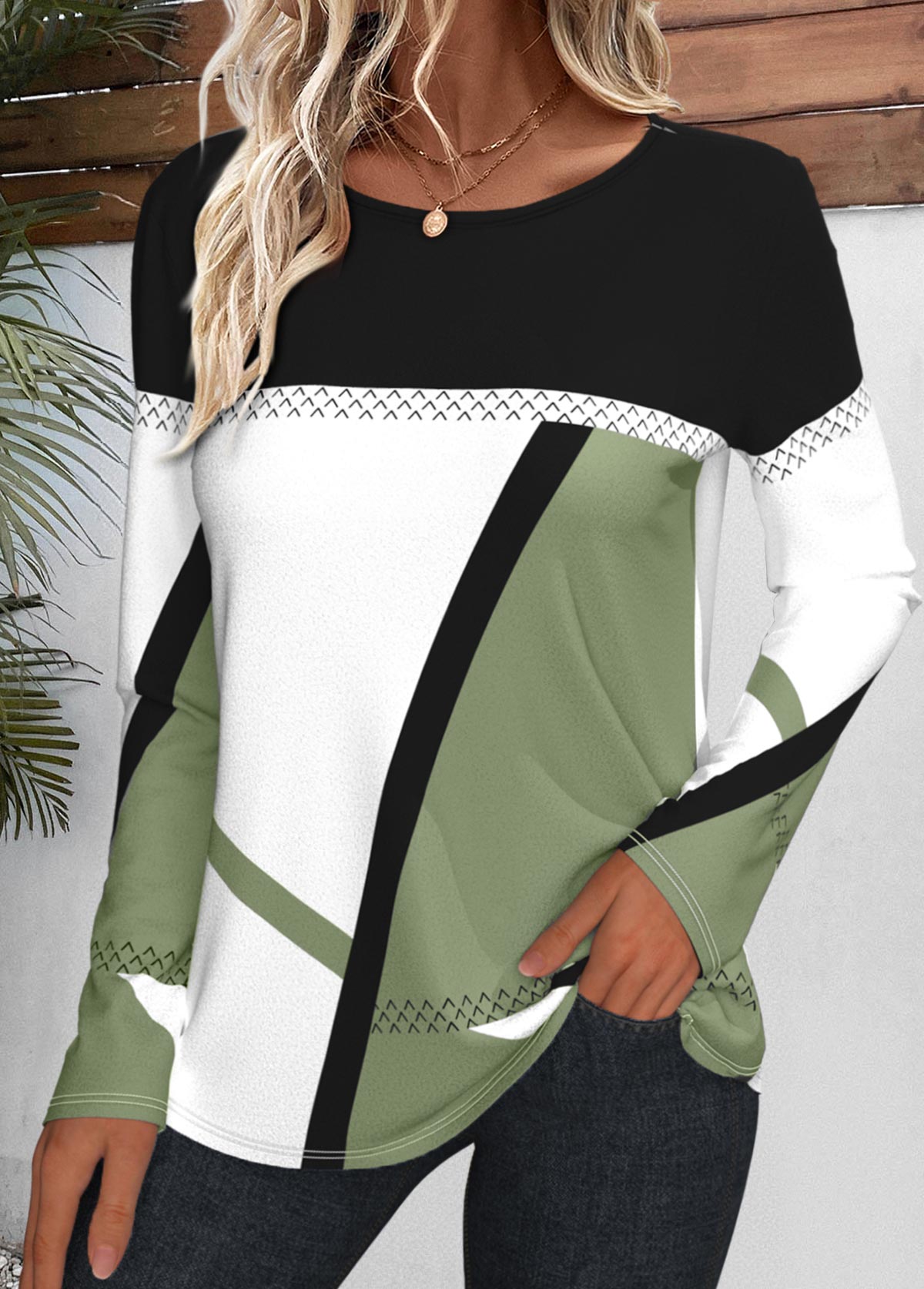 t-shirt col rond vert avocat imprimé géométrique patchwork rotita