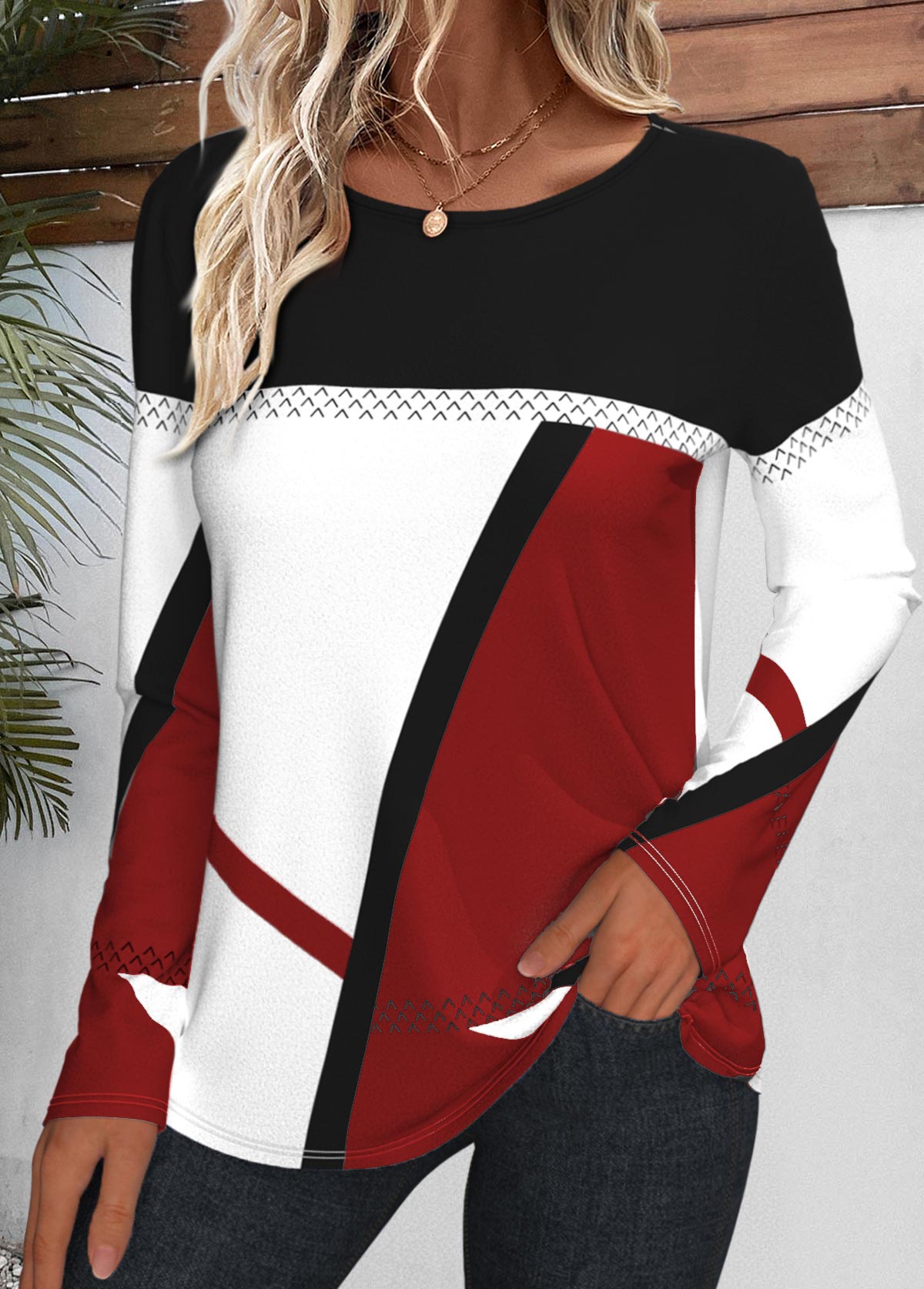 rotita patchwork imprimé géométrique vin rouge t-shirt col rond