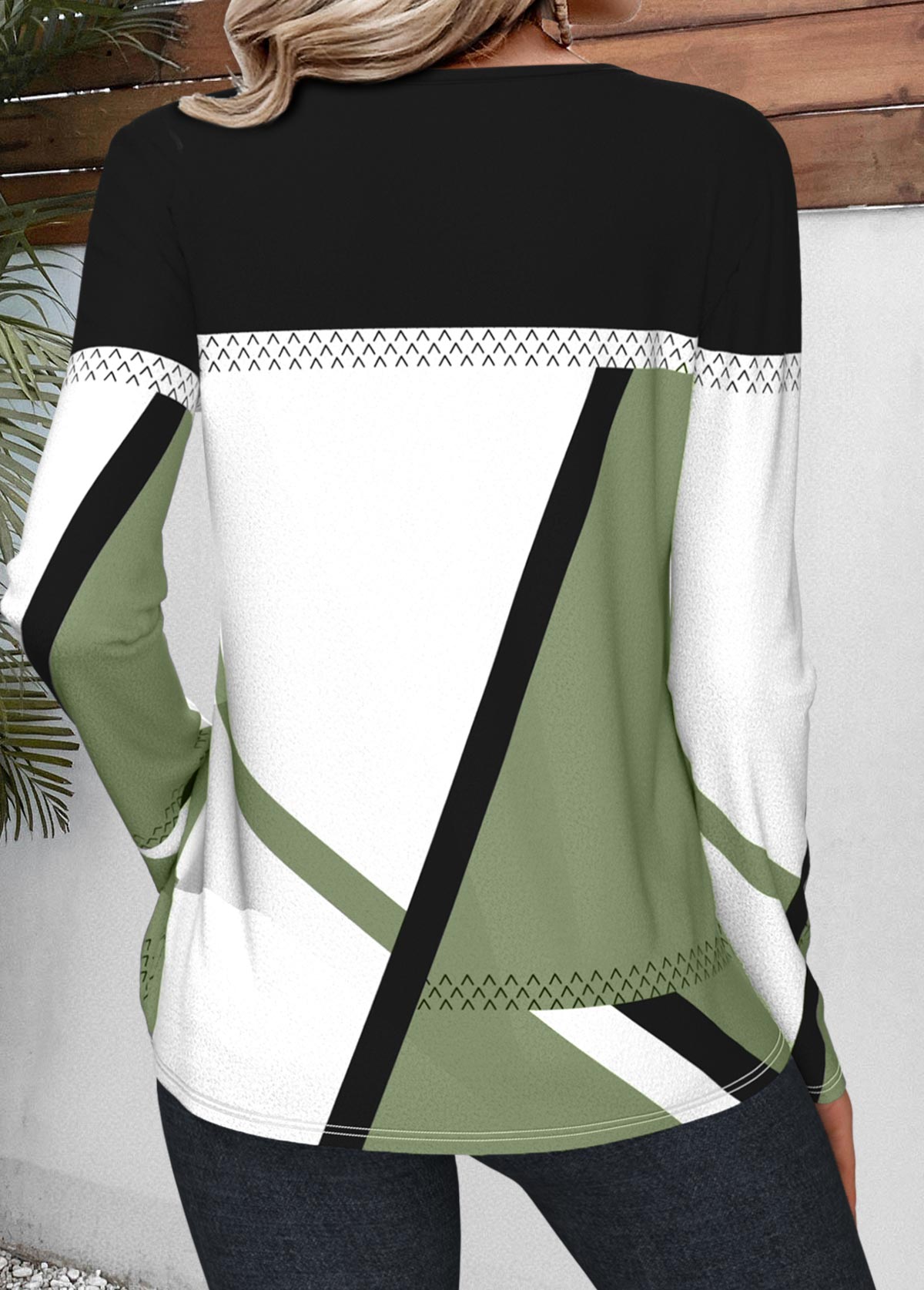 t-shirt col rond vert avocat imprimé géométrique patchwork rotita