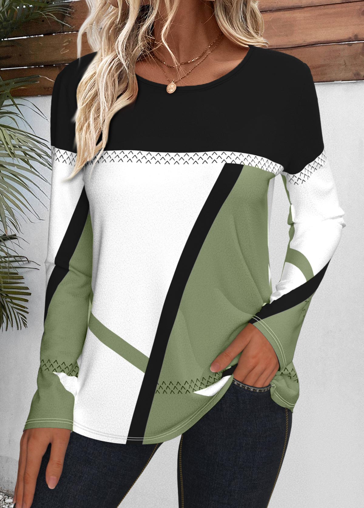 t-shirt col rond vert avocat imprimé géométrique patchwork rotita