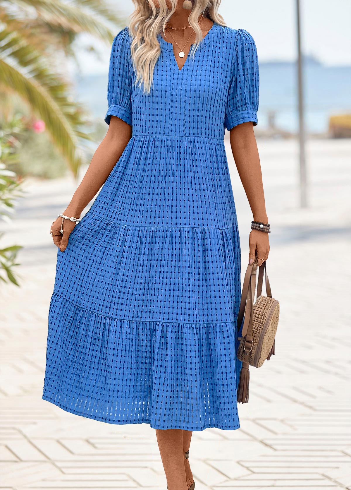 Blue plus size,Plain Color plus size,ROTITA Plus Size Tummy Coverage Blue Split Neck Dress
