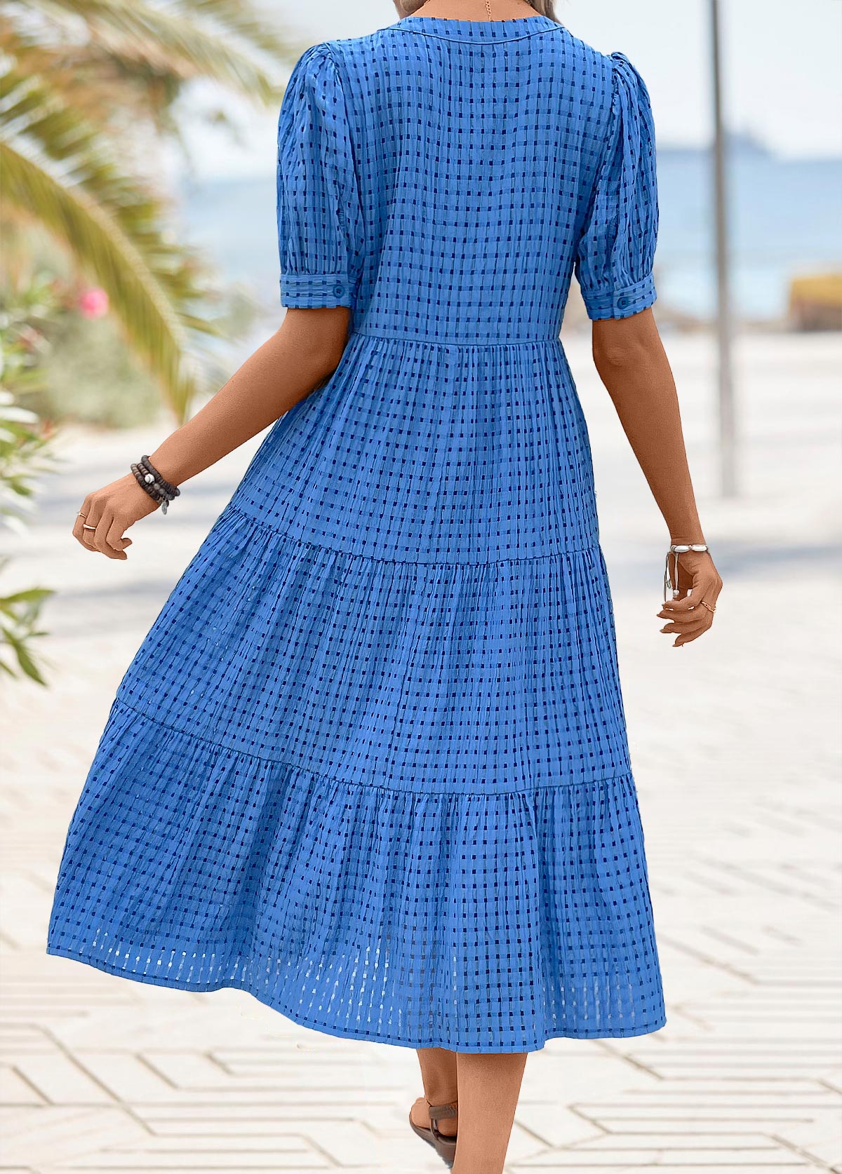 Blue plus size,Plain Color plus size,ROTITA Plus Size Tummy Coverage Blue Split Neck Dress