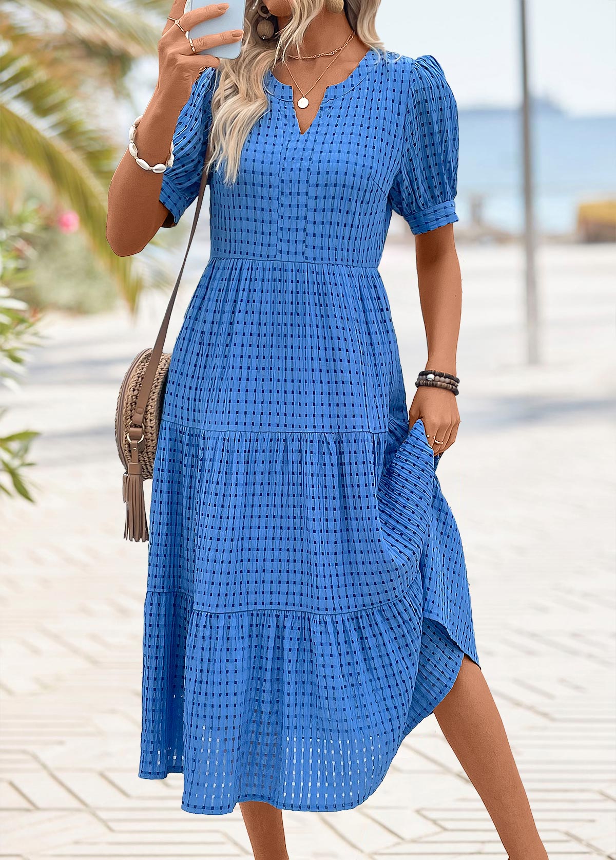 Blue plus size,Plain Color plus size,ROTITA Plus Size Tummy Coverage Blue Split Neck Dress