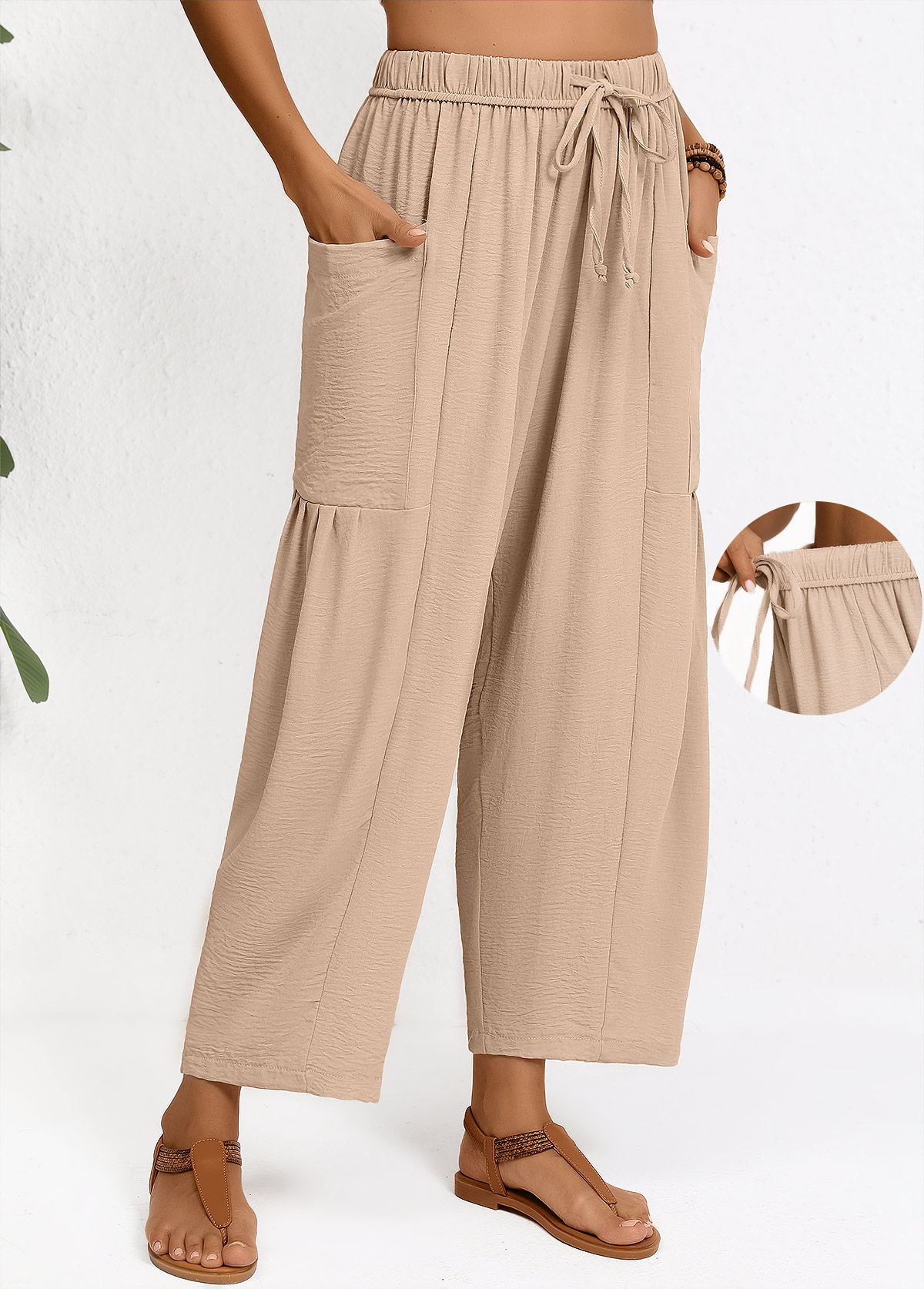 Light Coffee bottoms,Plain Color bottoms,Light Coffee Wide Leg Elastic Waist High Waisted Pants