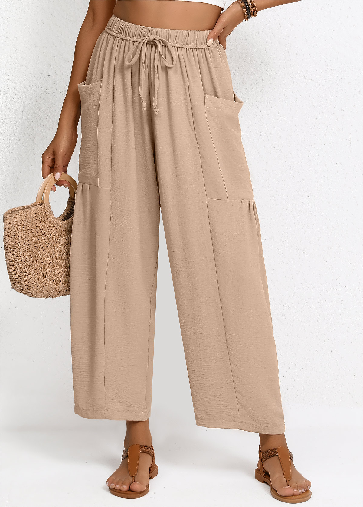 Light Coffee bottoms,Plain Color bottoms,Light Coffee Wide Leg Elastic Waist High Waisted Pants