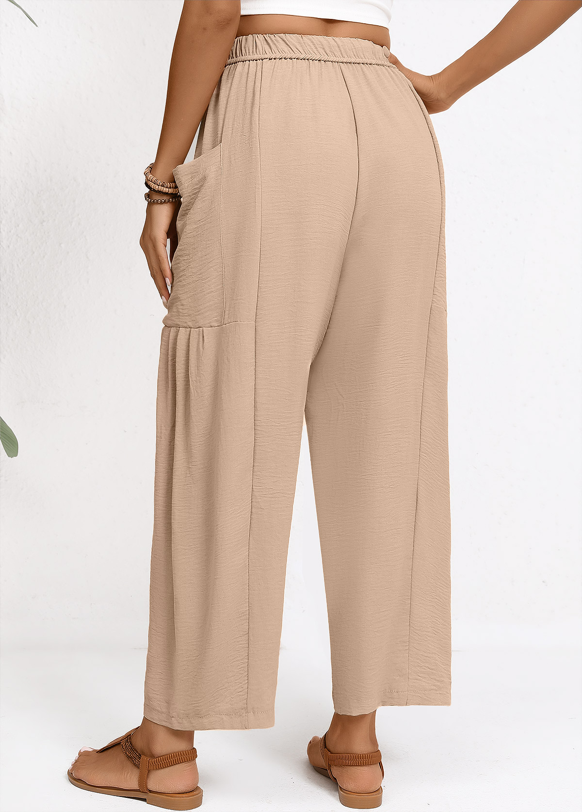 Light Coffee bottoms,Plain Color bottoms,Light Coffee Wide Leg Elastic Waist High Waisted Pants