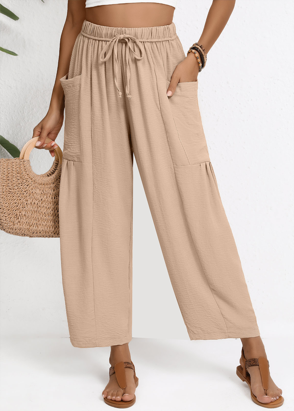 Light Coffee bottoms,Plain Color bottoms,Light Coffee Wide Leg Elastic Waist High Waisted Pants