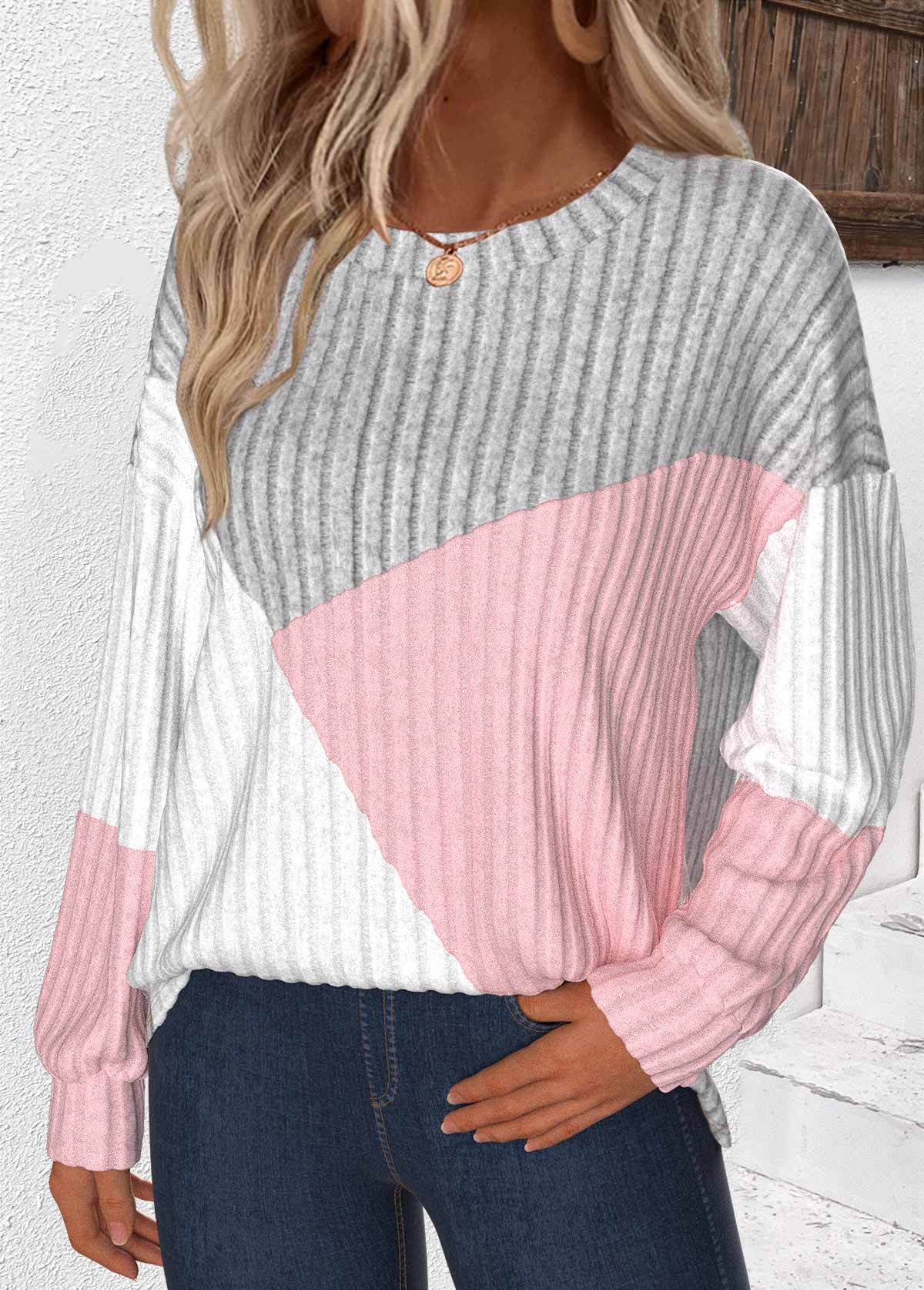 Light Grey plus size,Contrast Color plus size,ROTITA Plus Size Patchwork Light Grey Round Neck Sweatshirt
