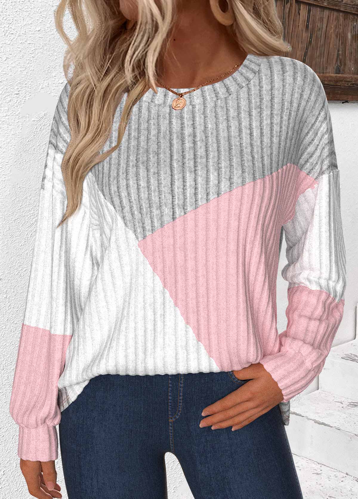 Light Grey plus size,Contrast Color plus size,ROTITA Plus Size Patchwork Light Grey Round Neck Sweatshirt