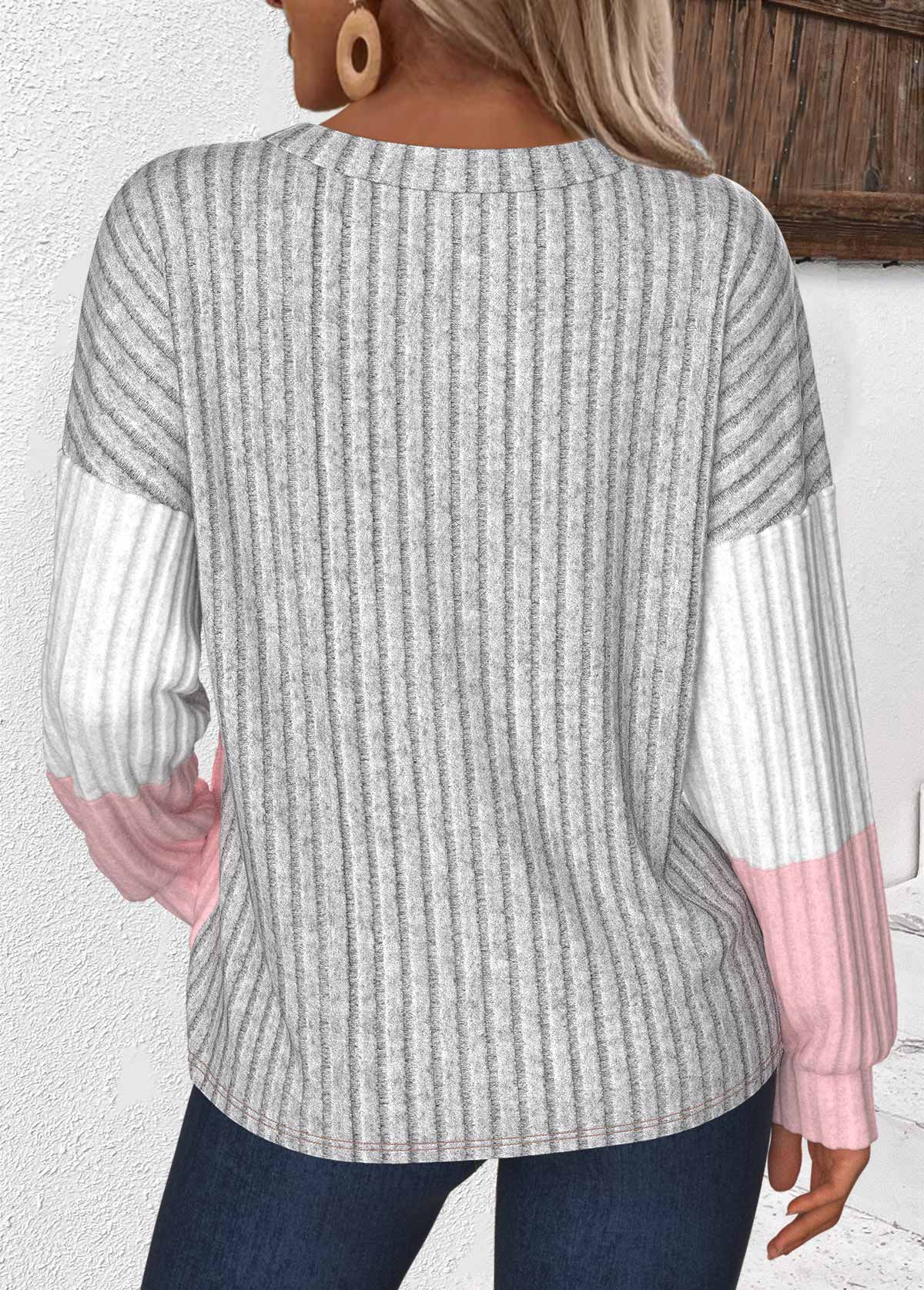 Light Grey plus size,Contrast Color plus size,ROTITA Plus Size Patchwork Light Grey Round Neck Sweatshirt