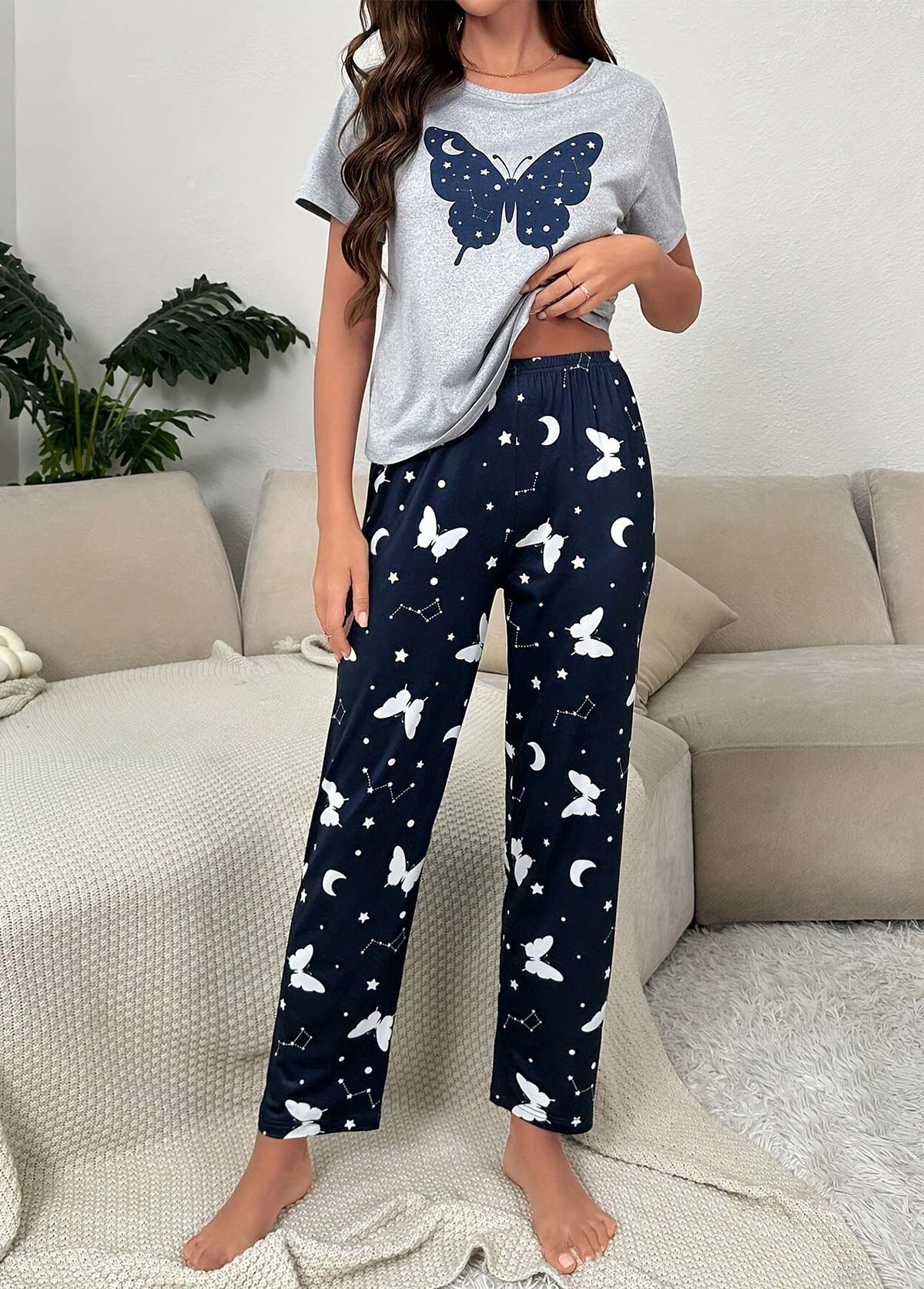 Navy loungewear,Contrast Color loungewear,Navy Round Neck Short Sleeve Lounge Top and Pants