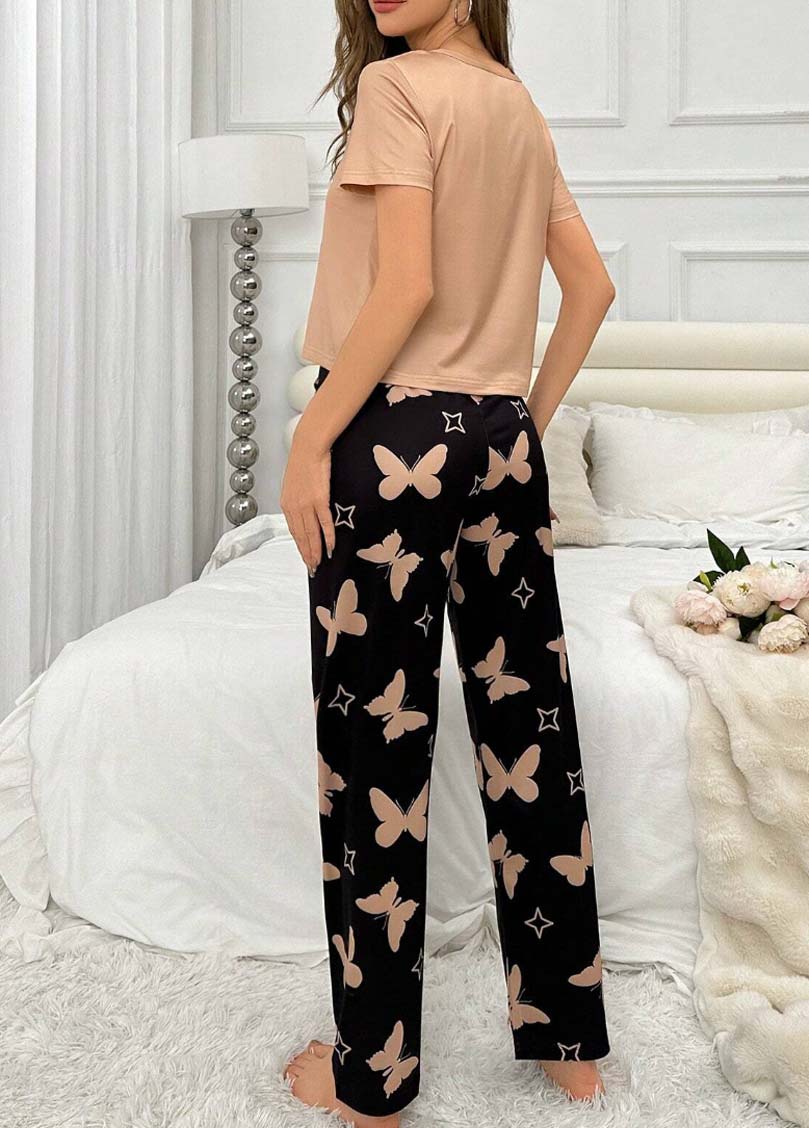 Light Camel loungewear,Contrast Color loungewear,Heart loungewear,Light Camel Round Neck Lounge Top and Pants