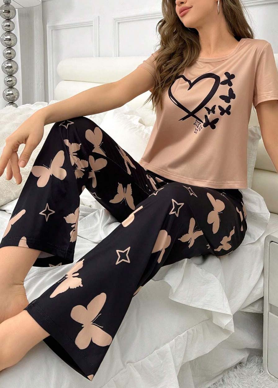 Light Camel loungewear,Contrast Color loungewear,Heart loungewear,Light Camel Round Neck Lounge Top and Pants