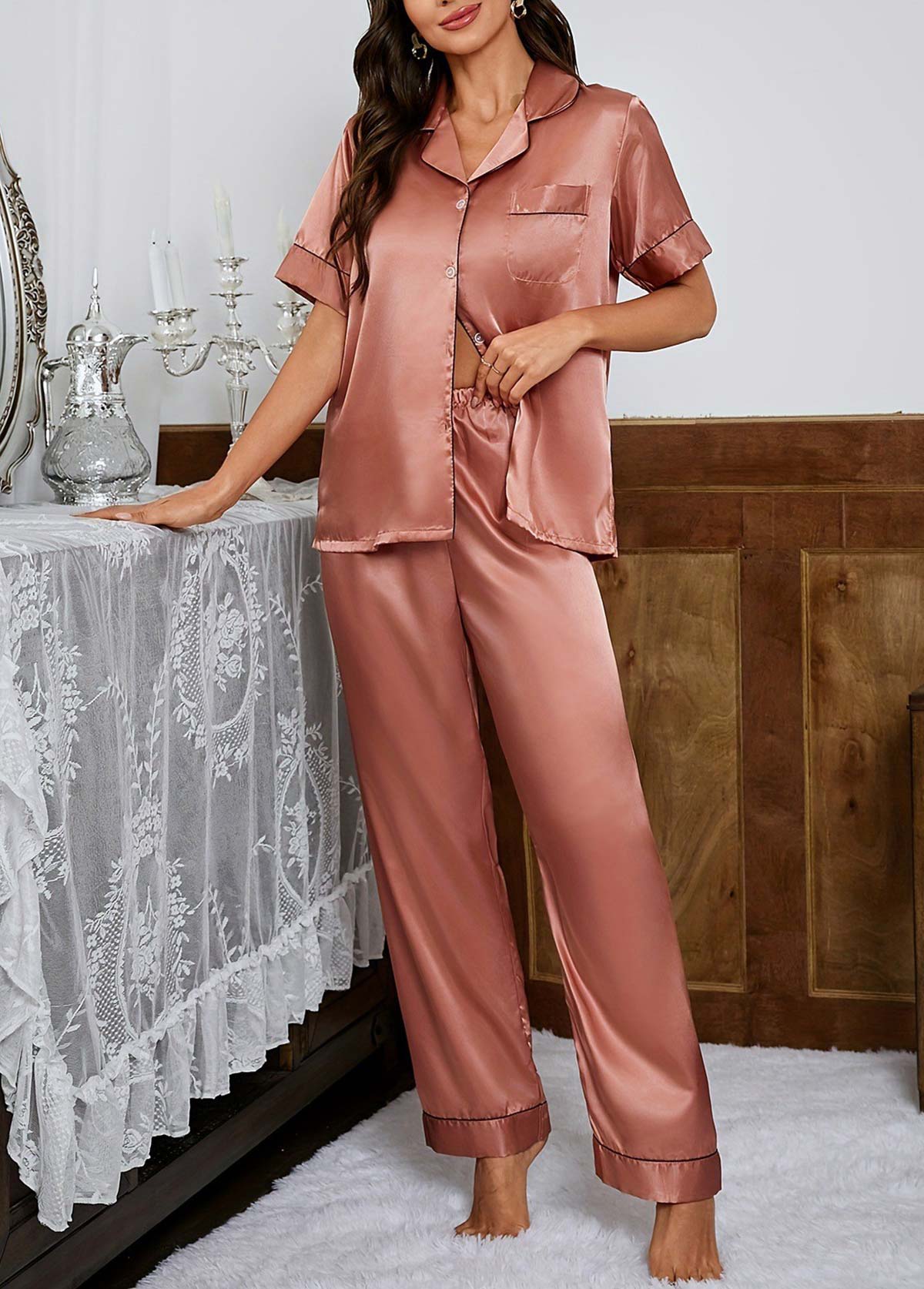 Dusty Pink loungewear,Plain Color loungewear,Dusty Pink Turn Down Collar Lounge Top and Pants