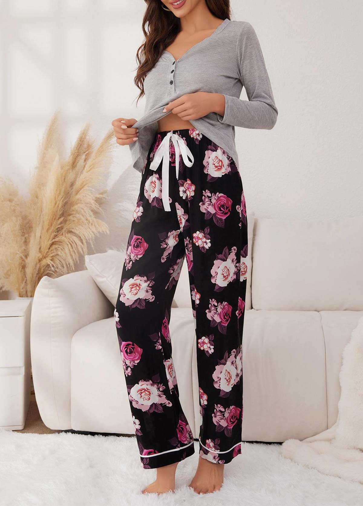 Light Grey loungewear,Plants loungewear,Rose Print Light Grey Lounge Top and Pants