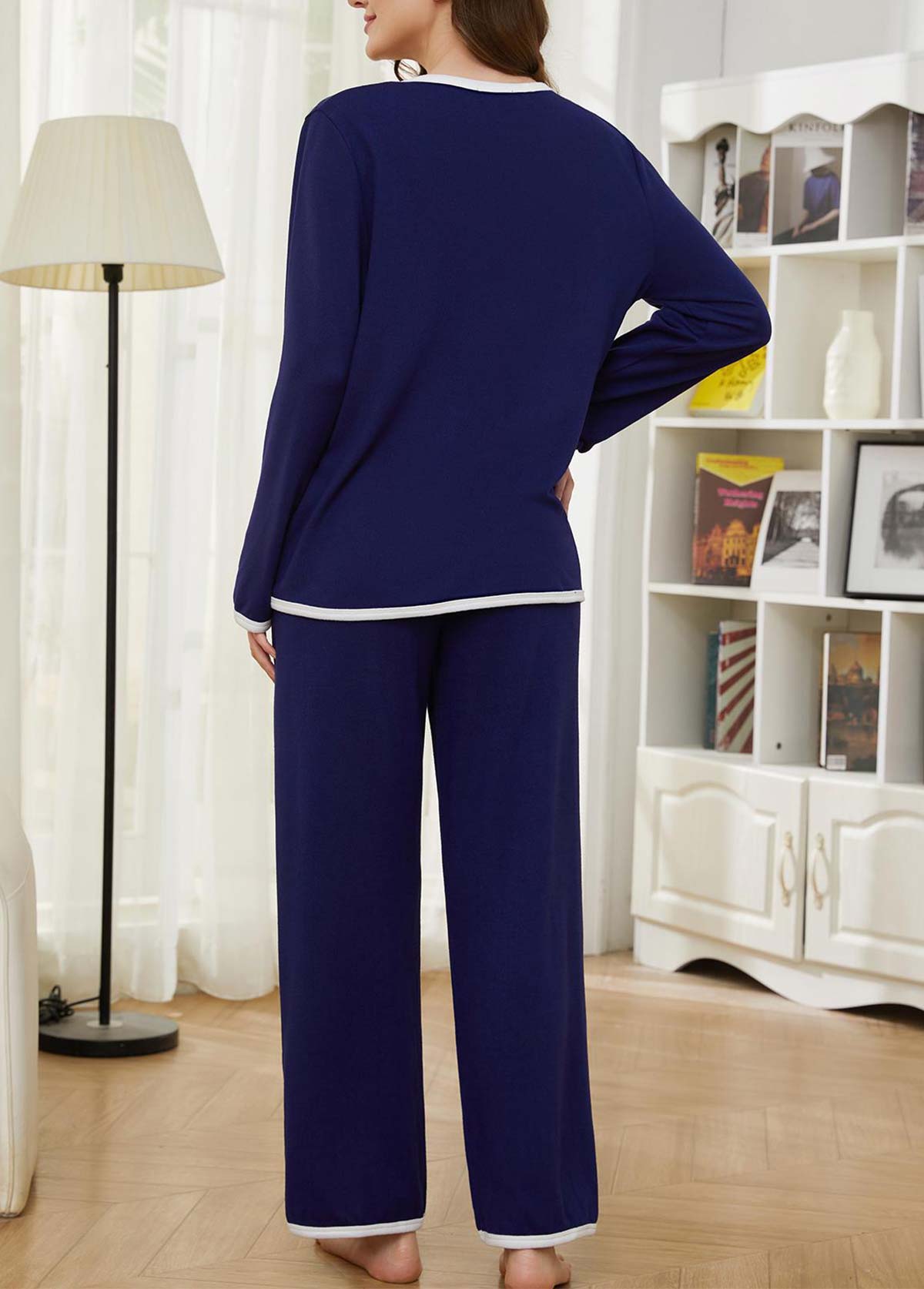 Navy loungewear,Contrast Color loungewear,Navy Turn Down Collar Lounge Top and Pants