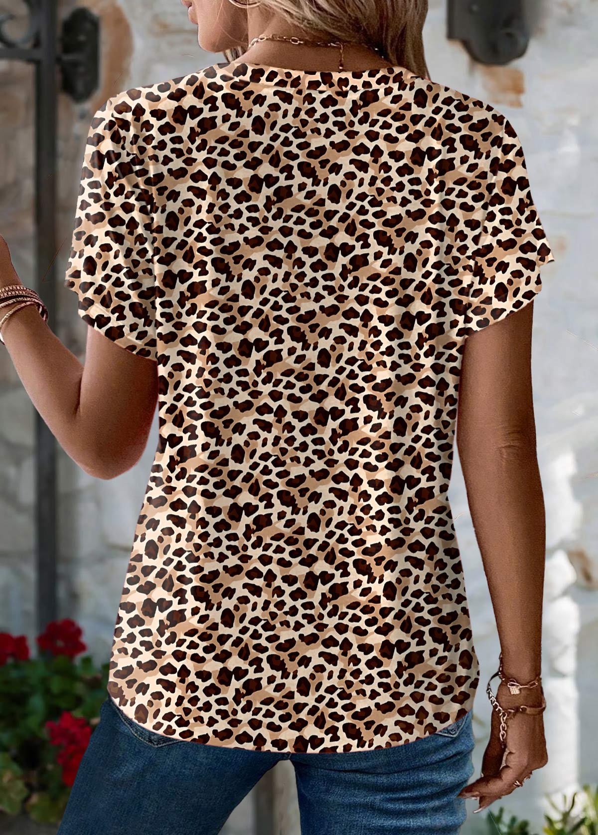 Dark Coffee tops,Leopard tops,Animal Print tops,ROTITA Leopard Dark Coffee V Neck Short Sleeve T Shirt