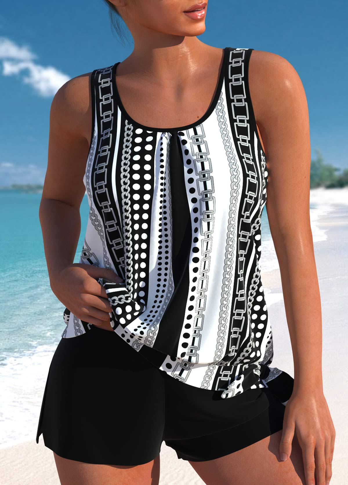 Black plus size,White plus size,Geometric plus size,Striped plus size,Dot plus size,ROTITA Plus Size Bowknot Geometric Print Black Tankini Set