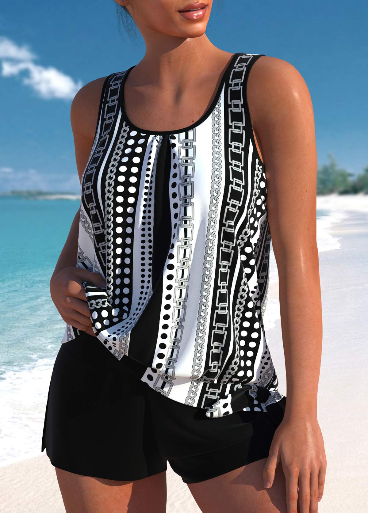 Black plus size,White plus size,Geometric plus size,Striped plus size,Dot plus size,ROTITA Plus Size Bowknot Geometric Print Black Tankini Set